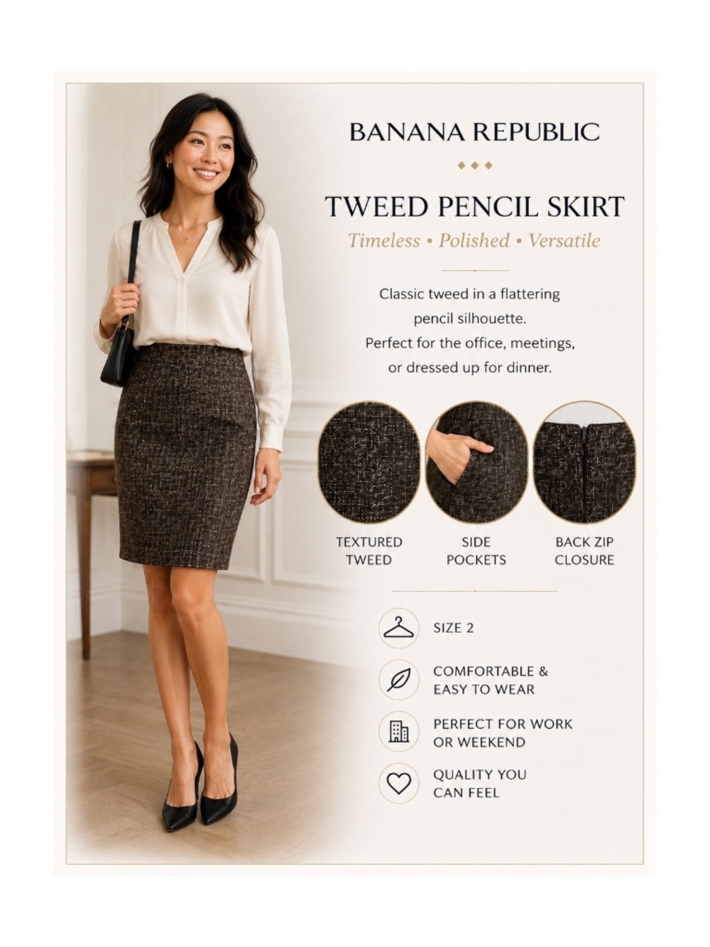 Banana Republic Brown Woven Tweed Pencil Skirt Size 2